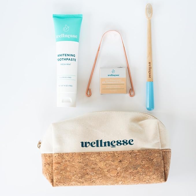 Wellnesse Essential Travel Oral Care Set - Compact Travel Dental Kit w/ 4 oz Whitening Hydroxyapatite Toothpaste, Adult Toothbrush, Copper Tongue Scraper, Silk Floss & Eco-Friendly Pouch, Mint Flavor
