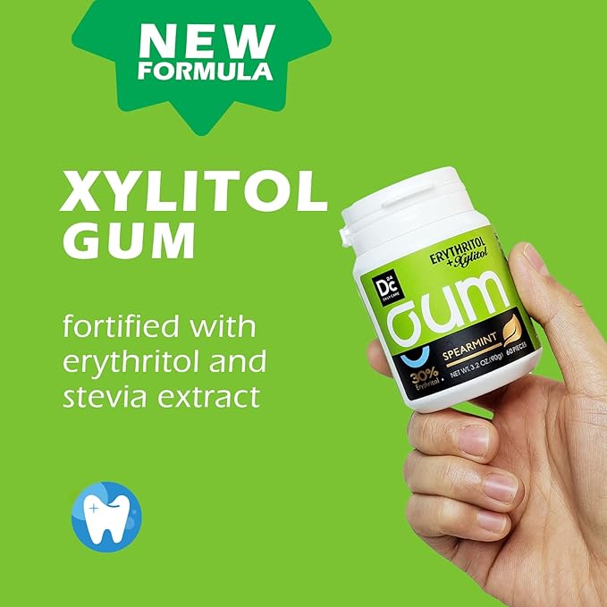 DC24 DAILY CARE Xylitol Chewing Gum with Erythritol, Aspartame Free & Sugar Free Gum, Low-Calorie, Sugarless, Long Lasting Spearmint, 60-Piece Pack, 4 Packs