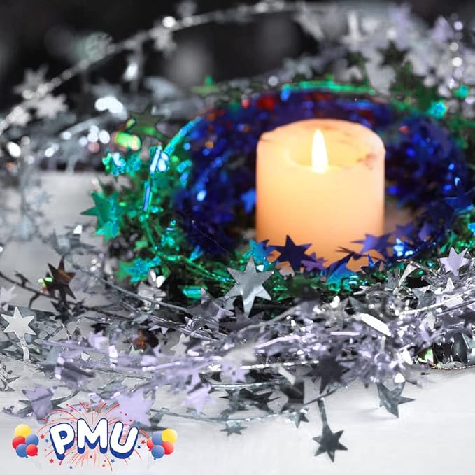 PMU 25 Ft Star Wire Shiny Garland Silver - Halloween, Christmas Party, Wedding, Birthday, Festive Home Decoration Ornament Silver