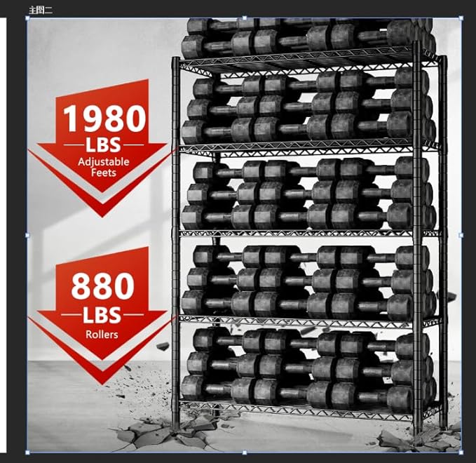REIBII Storage Shelves Load 1980LBS,5 Tier Metal Shelving Unit with Wheels,Adjustable Garage Shelving Wire Shelves Commercial Shelf for Garage Pantry Kitchen,76''HX36''WX16''D Black