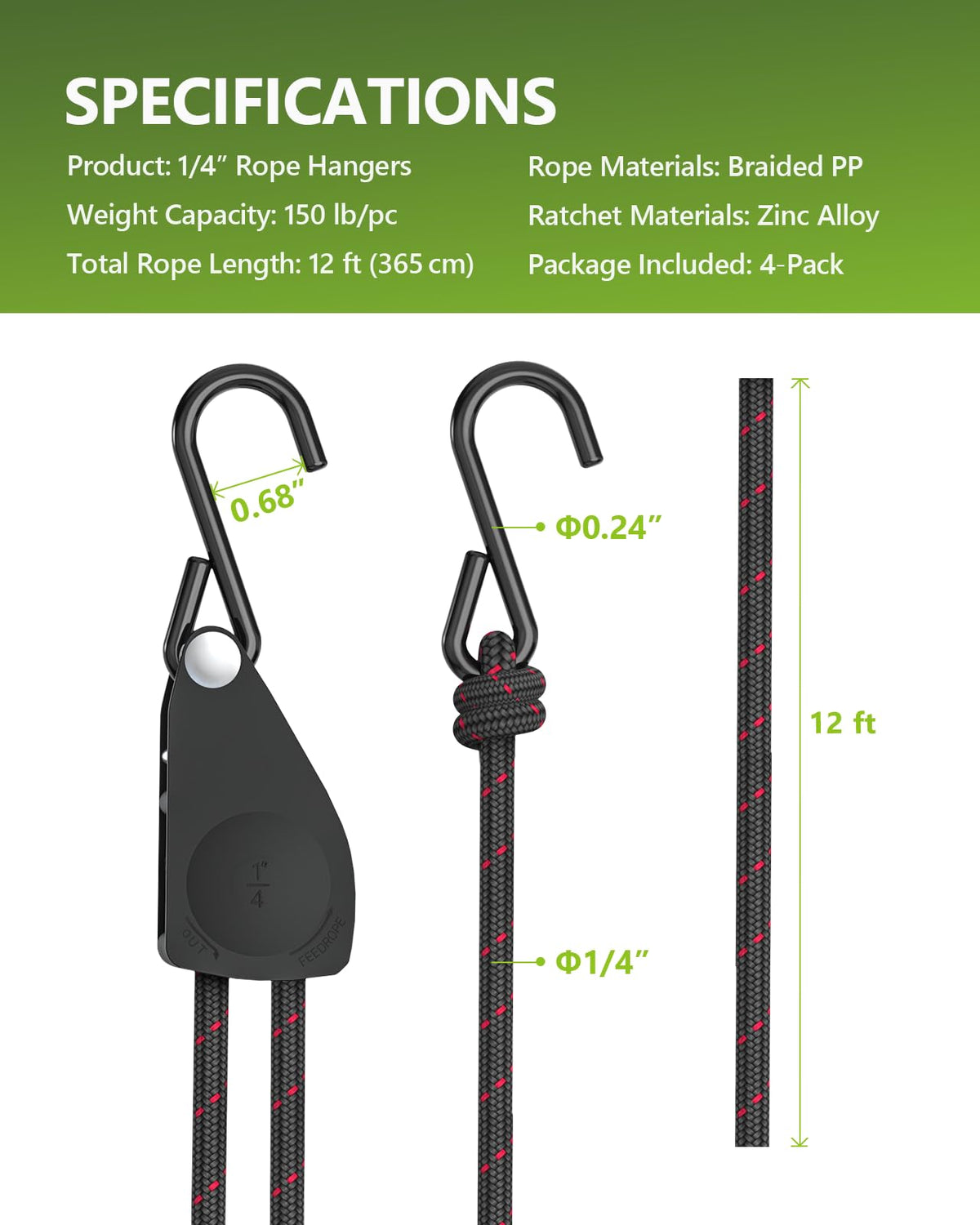 Kayak Straps Tie Downs 4 Pack, Roof Rack Straps Adjustable Ratchet Tie Down Straps with Lock S Hooks, 1/4 Inch 12 Feet Ratchet Straps Heavy Duty for Small Cargo, Kayak, Packing, Camping Gear