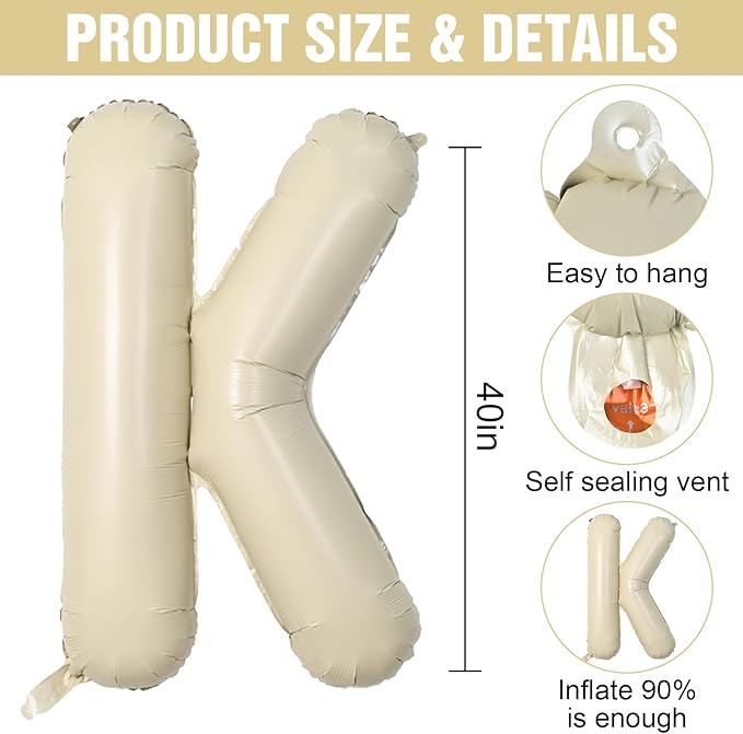 Cream K Letter Balloons,40 Inch Letter K Balloon Beige,Helium Custom Letter Balloon for Birthday Anniversary Party Decorations