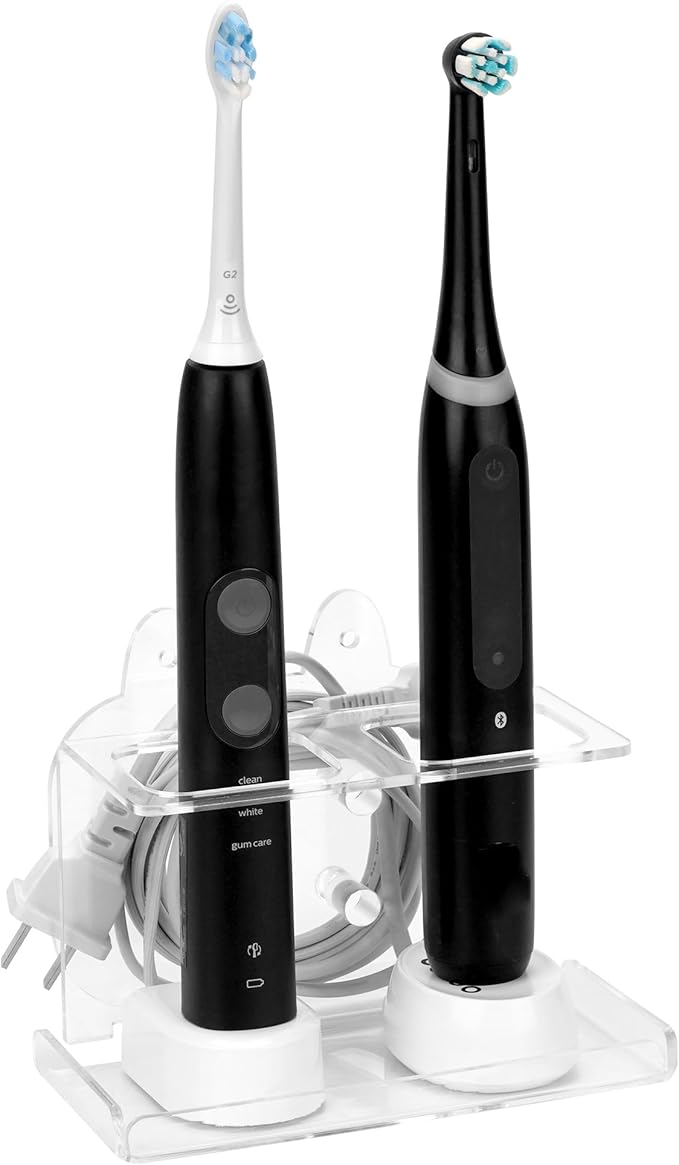 Electric Toothbrush Holder Wall Mounted, Electric Toothbrush Cord Organizer Holds 2 Chargers, Self Adhesive Electric Toothbrush Stand for Bathroom, Medicine Cabinet, Dorm(Clear)