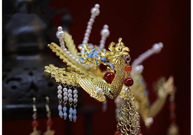 Chinese Wedding Bride Hair Accessory Chinese Crown Wedding Hair Accessories Golden Flower Floral Beaded Flapper Headband Jeweled Bridal Wedding Tiara (Phoenix)