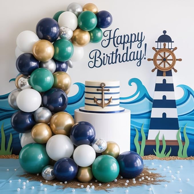 Ocean Theme Balloons Arch Kit, Sea Balloon Garland Arch Kit, Retro Sea Blue Apricot Silver Party Balloons for Ocean Voyage Shark Theme Birthday Party Decorations