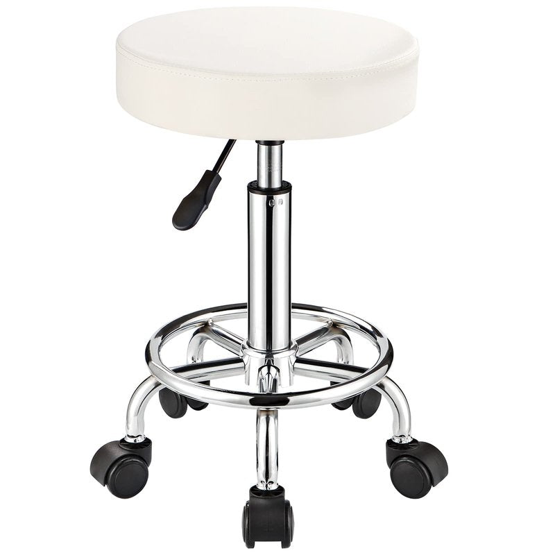 FNZIR Adjustable Stool with Wheels, Modern Round Rolling Stool for Spa Salon Massage Office, White PU Leather Seat, 250 lbs Capacity