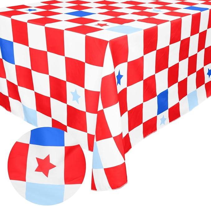 xo, Fetti Fourth of July Washable Tablecloth - 9ft. | USA Red White and Blue Party Decorations, American Flag Party Supplies, 4th of July Patriotic Decor, Stars and Stripes Tableware