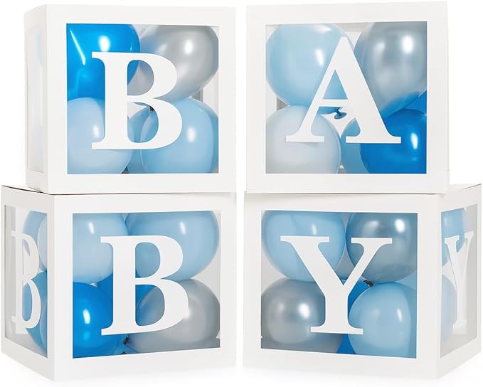 Baby Shower Boxes with Letters – White Boxes with Blue, Silver & White Balloons – 44-Piece Gender Reveal & Party Decoration Set by Vellax