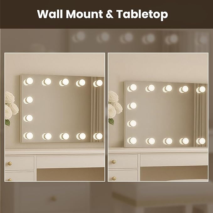 WTTY LED Bathroom Mirror with Lights 60"x30" Hollywood Wall-Mounted Mirror with 3 Color Temperatures, Stepless Dimmable Bulbs, Anti-Fog & Shatter-Proof