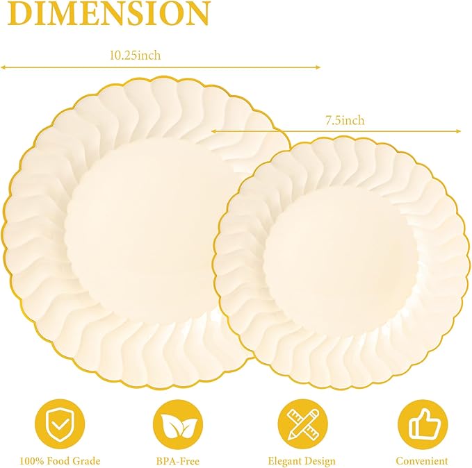 Lullaby 60PCS Light Yellow Scalloped Plastic Plates, Disposable Elegant Plates Include 30pcs Dinner Plate 10.25", 30pcs Plastic Dessert Plate 7.5", Perfect for Wedding and Party