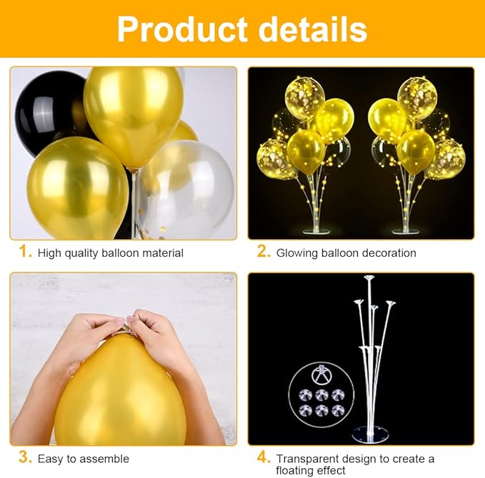 Ainiv 2 Set Table Balloon Stand Kit with Lights, Light Up Balloon Holder Include 16 Black Gold Latex Confetti Balloons, Christmas Party Decorations for Birthday, Weddings, Anniversary and Graduation