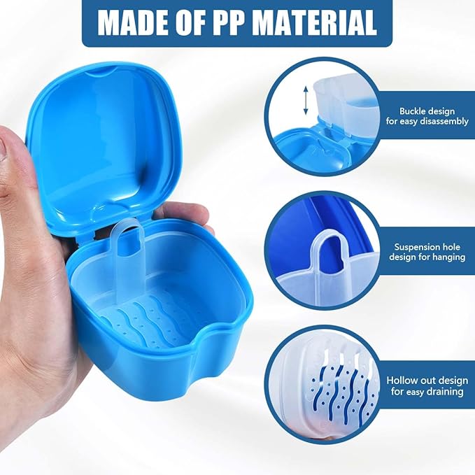 3 Pack Colors Denture Bath Case Cup Box Holder Storage Soak Container with Strainer Basket for Travel Cleaning (White, Blue, Light Blue)