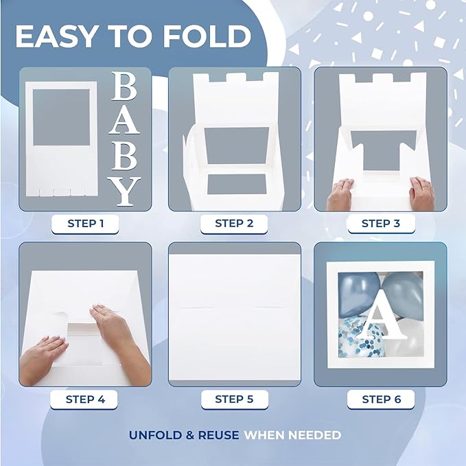 Baby Shower Boxes with Letters – White Boxes with White, Dusty Blue, Light Blue and Confetti Balloons – 44-Piece Gender Reveal & Party Decoration Set by Vellax