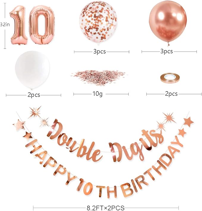 Rose Gold Double Digits Happy 10th Birthday Banner Garland Foil Balloon 10 for Girls Boys 10th Birthday Decorations Hanging 10 and Fabulous Cheers to 10 Years Old Ten Birthday Party Supplies Backdrop