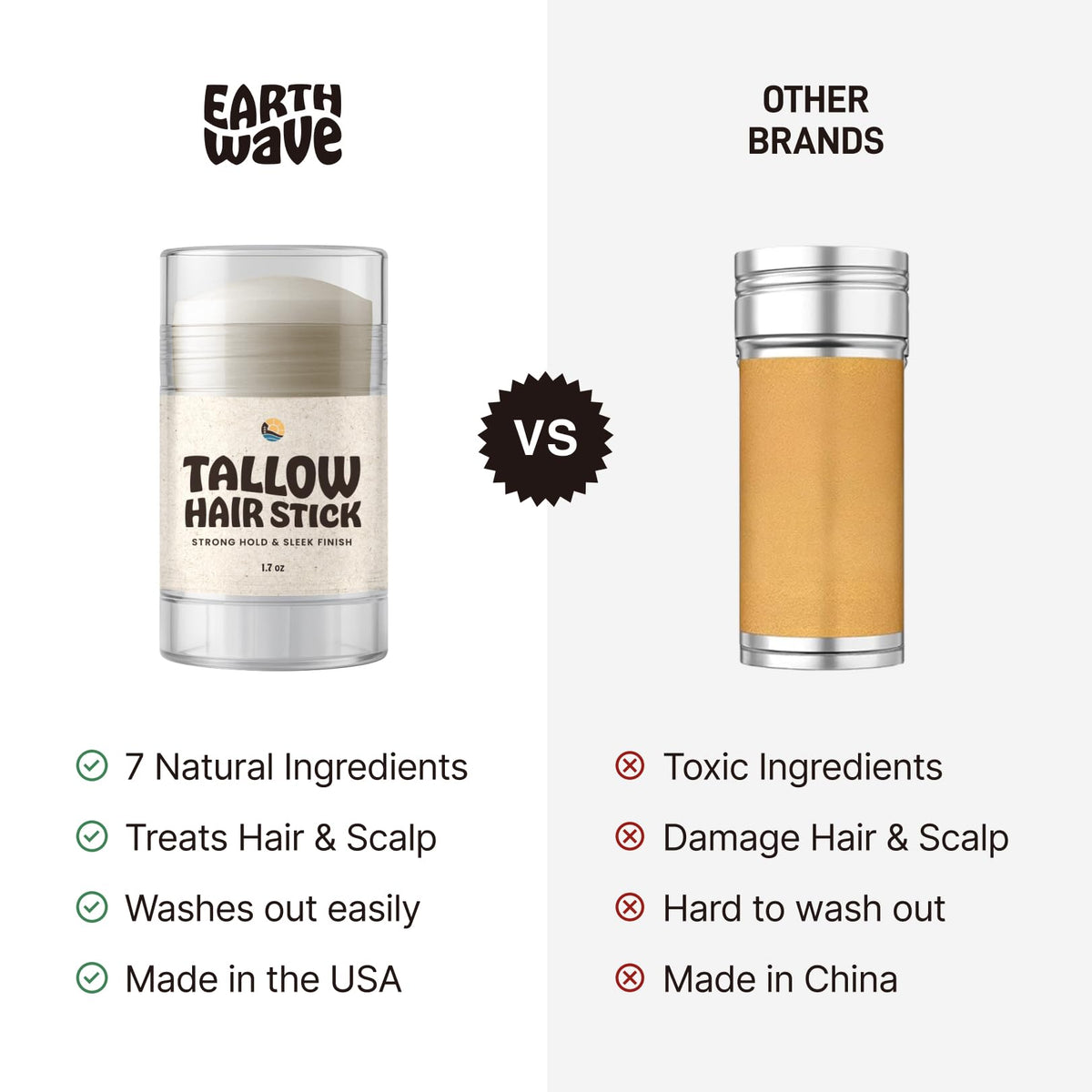 Earth Wave All Natural Tallow Hair Wax Stick, Strong Hold, Sleek Finish, Tames Flyaways, Styling Stick for All Hair Types, Organic Ingredients - Zero Toxins - American Made - 1.7oz