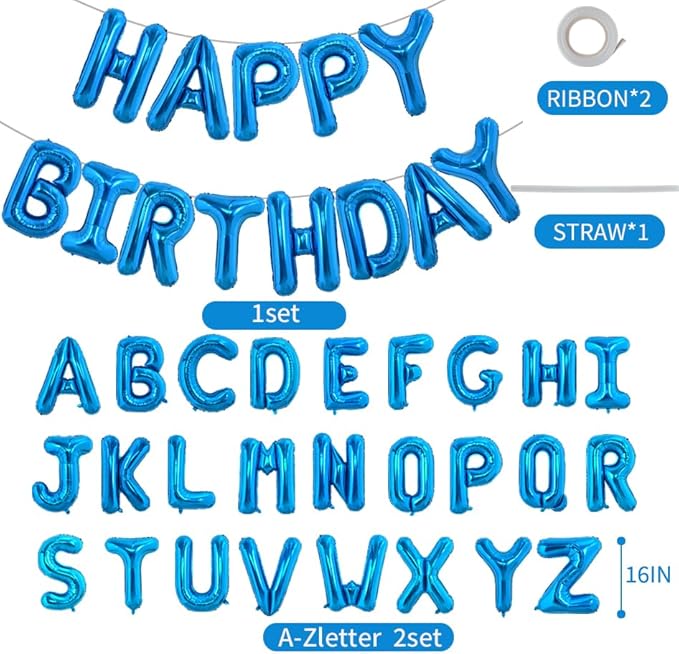 TONIFUL 65 Pcs 16 Inch Blue Happy Birthday Balloons and 2 Sets A-Z Foil Letters Balloons DIY Personalized Phrase Banner for Birthday Celebration Halloween Thanksgiving Christmas Party Decorations