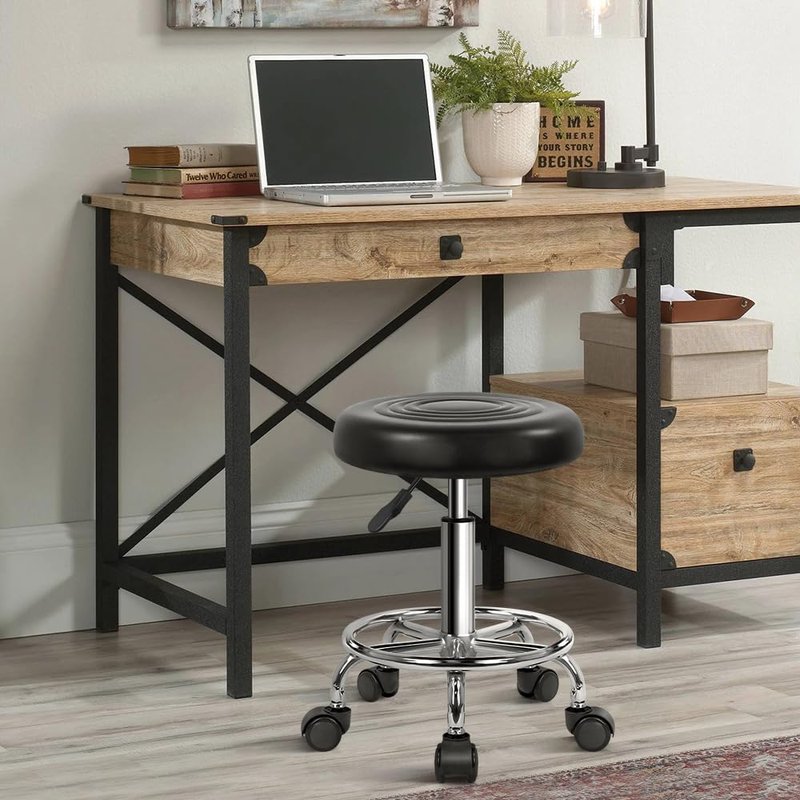 KKTONER PU Leather Modern Round Rolling Stool with Footrest Height Adjustable Spa Drafting Salon Tattoo Work Massage Stools Task Chair Small (Black)