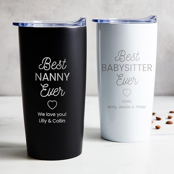 Lifetime Creations Engraved Personalized Best Nanny Ever Stainless Steel Tumbler with Lid 20 oz (White) - Baby Sitter, Daycare Teacher, Caretaker Coffee Travel Mug Gift