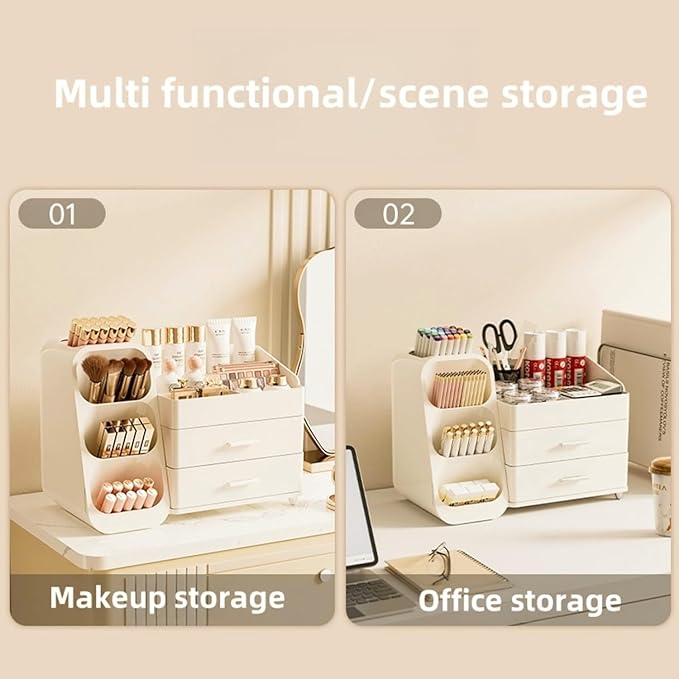 Makeup Organizer with Drawers,Large Capacity Countertop Organizer for Vanity,Bathroom and Bedroom Desk Cosmetics Organizer,Easy To Storage Skincare,Brushes,Lotions,Lipstick (All Cream)