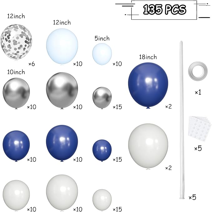 140 Pack Silver Navy Gray Macaron Blue Balloons Garland Arch Kit for Graduation Birthday Party Baby Shower Party Decoration