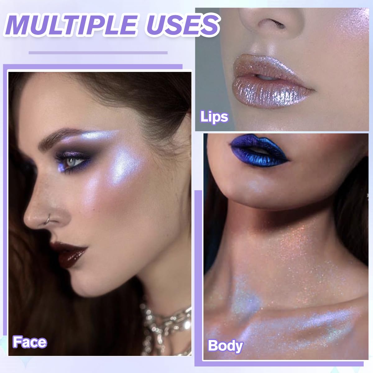 Duochrome Face Highlighter Makeup, Chameleon Holographic Highlighter Mineral Powder for Face Body, Waterproof Blue Purple Glowing Iluminadores de maquillaje with Shine Silky Smooth Highlighting, #05
