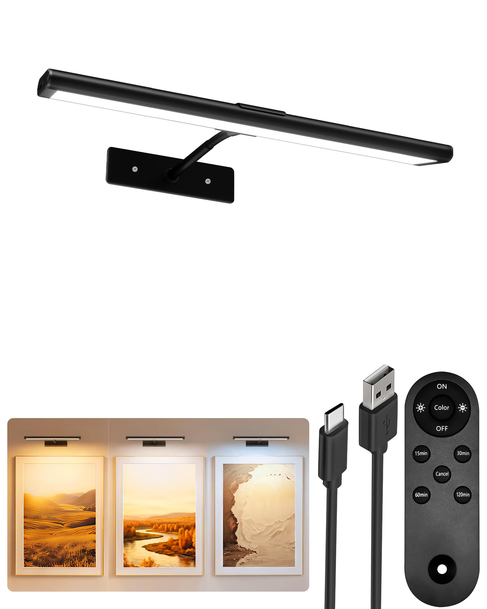 EZVALO Picture Light for Wall, 13'' Black Rechargeable 4800mAh Battery Lights Wireless with IR Remote, Magnetic LED Art Painting Light with 3 Color Temperatures, Display for Gallery, Living Room