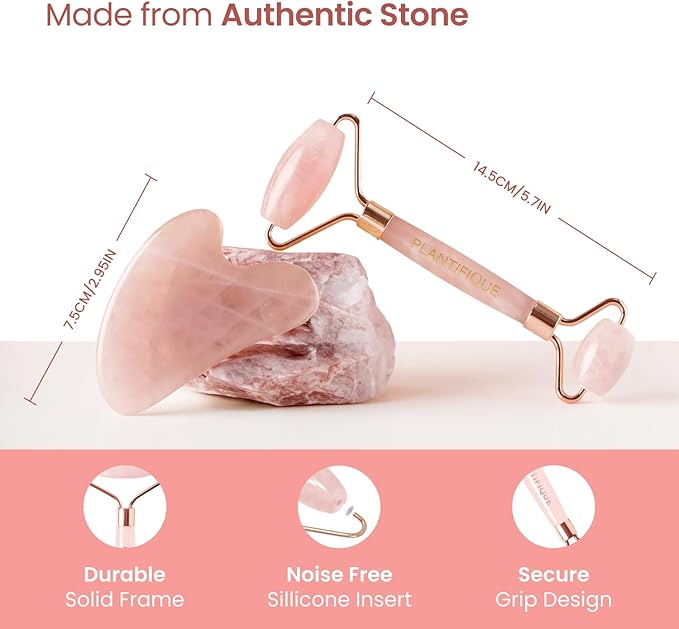 PLANTIFIQUE Face Roller and Gua Sha Rose Quartz Certified | Gifts | Guasha Tool for Face | Jawline Shaper | Your Skin Care Routine