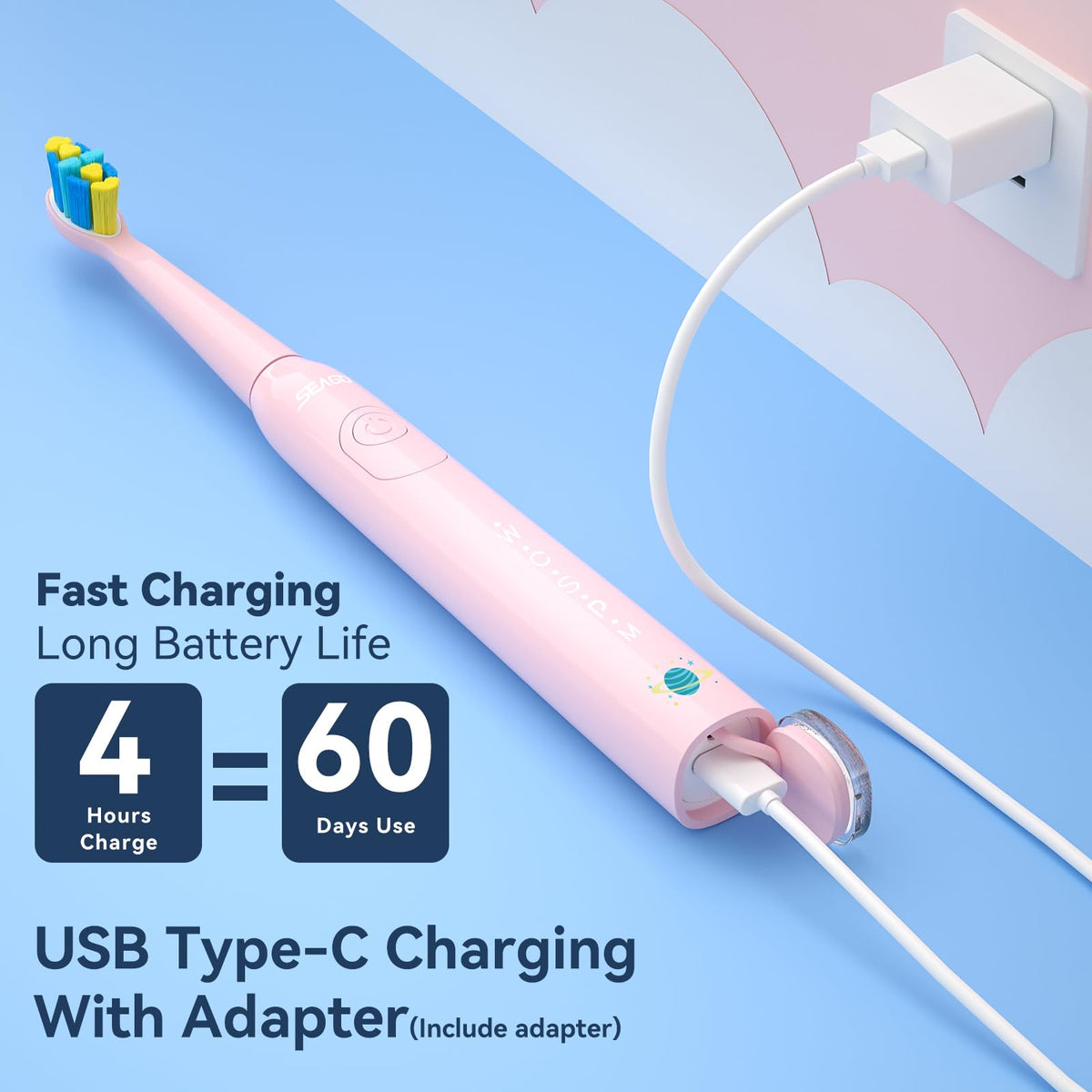 SEAGO Kids Electric Toothbrush, Sonic Soft Bristle Rechargeable Toothbrushes with DIY Stickers, 5 Modes, Includes 4 Replacement Brush Heads, Ages 3 to 12 Years Old (Navy)