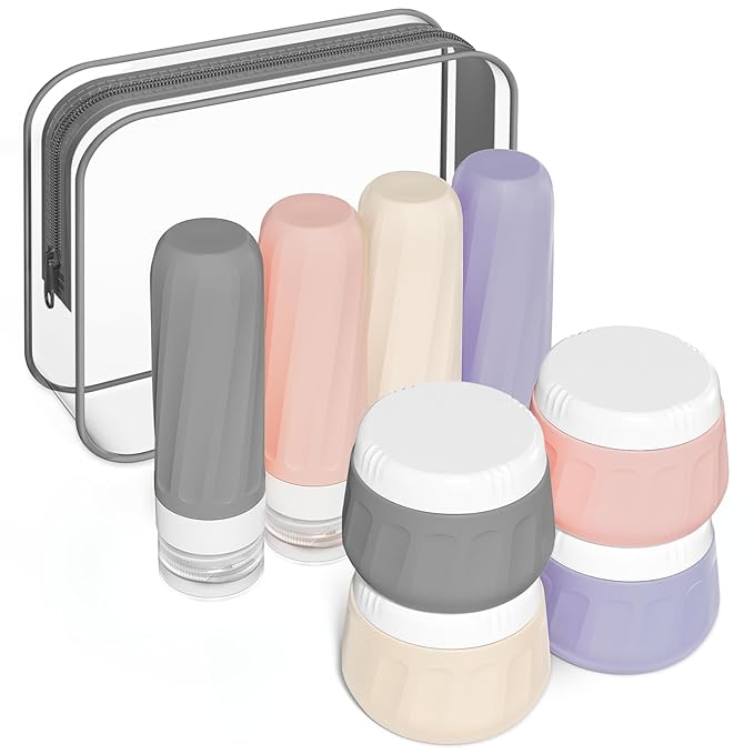 Mrsdry Travel Size Toiletries 8 Pack, TSA Approved 3oz Silicone Squeeze Bottles & Cream Jars with Clear Travel Bag