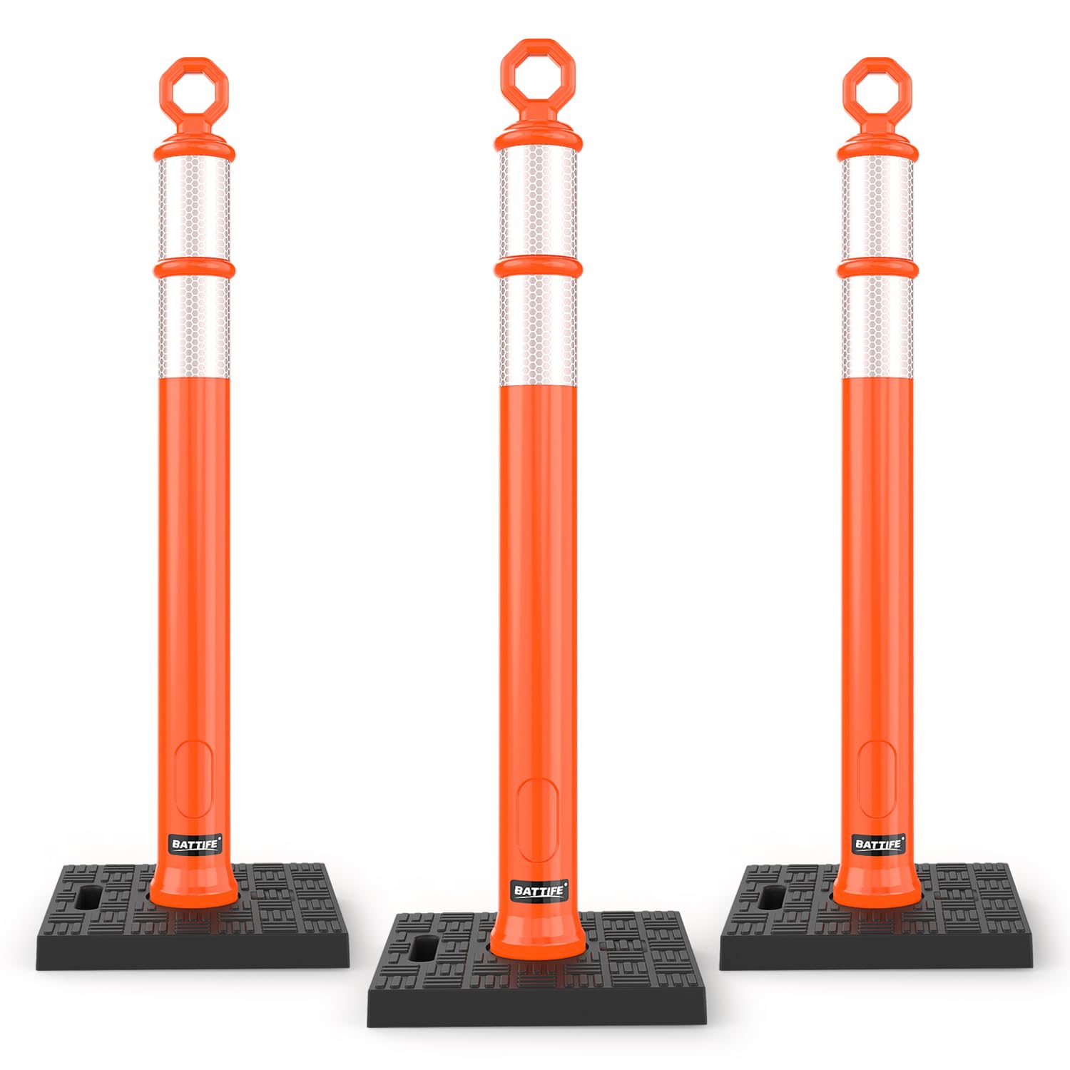 BATTIFE 3 Pack 42 Inch Orange Traffic Delineator Posts with Reflective Collars and Base, Safety Cones for Construction Zones and Driving Practice