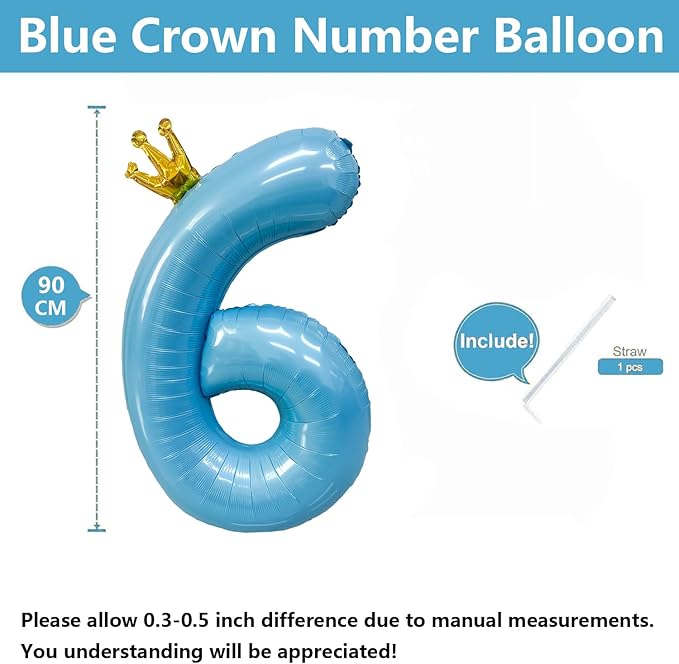 Blue Number 6 Balloon with Crown, 40 inch Blue Number Balloon 6th Birthday Party Decoration BlueCrown Balloons 0-9 for Birthday Party Anniversary Decorations Supplies
