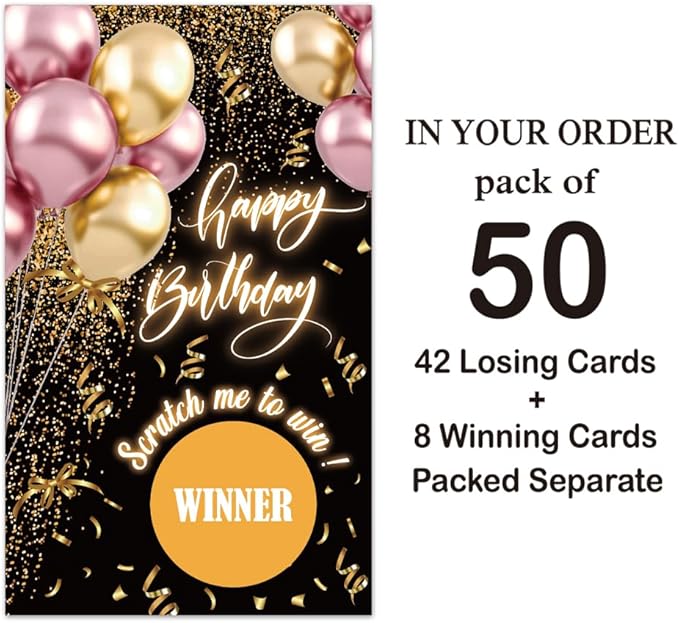 Haizct 50 Pack Black Gold Birthday Party Scratch Off, Black Gold Glitter Balloons Scratch Card for Birthday Partys Lottery Group Game Party Raffle Tickets, Bridal Shower Bachelor Game