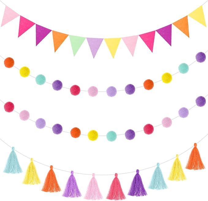 Irenare 9.8ft Pom Pom Garland Felt Rainbow Garland Graduation Party Decoration Colorful Pennant Tassel Banner Birthday Baby Shower Triangle Banner for Classroom School Mantel Fireplace(Candy Color)