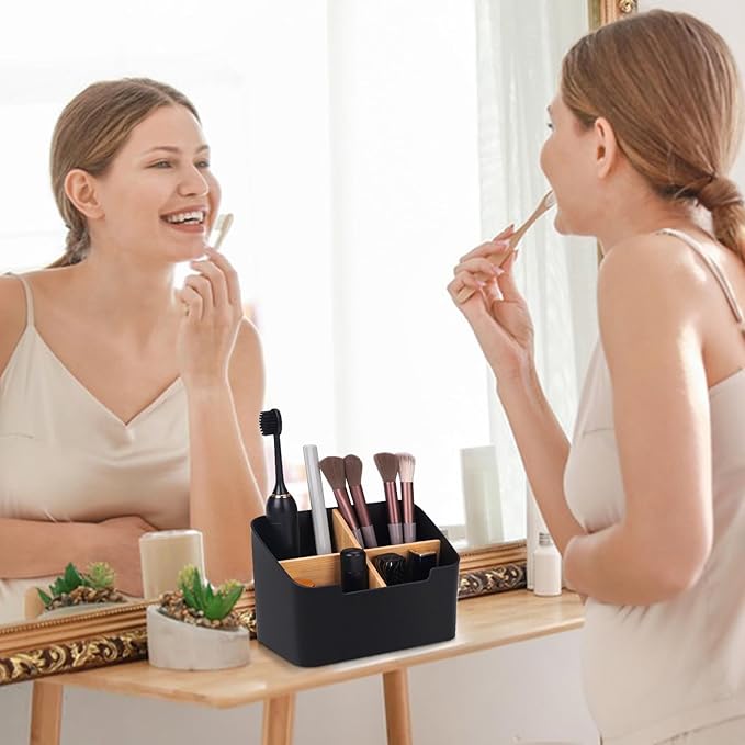 Set of 2 Black Toothbrush Holders for Bathrooms,Electric Toothbrush and Toothpaste Holder with Divider for Bathroom Countertop Organizer,Toothbrush Caddy for Counter Vanity Storage
