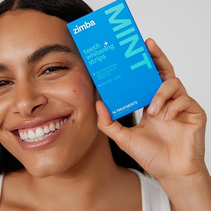 Zimba Mint Teeth Whitening Strips – 28 Vegan, Enamel-Safe Strips with Hydrogen Peroxide, 14-Day Treatment – Tooth Whitener for Coffee, Wine, Tobacco, Other Stains