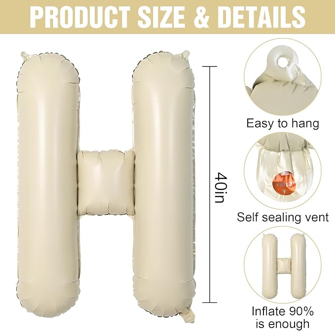 Cream H Letter Balloons,40 Inch Letter H Balloon Beige,Helium Custom Letter Balloon for Birthday Anniversary Party Decorations
