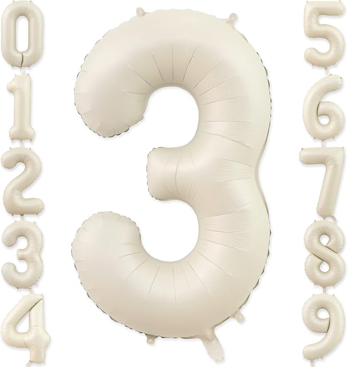 3 Balloon, Number 3 Balloon, 3 Balloon Number 40 Inch, Sand White Large Big Foil Number Balloons for Birthday Party Graduation Wedding Anniversary Baby Shower Bachelorette Decoration Supplies