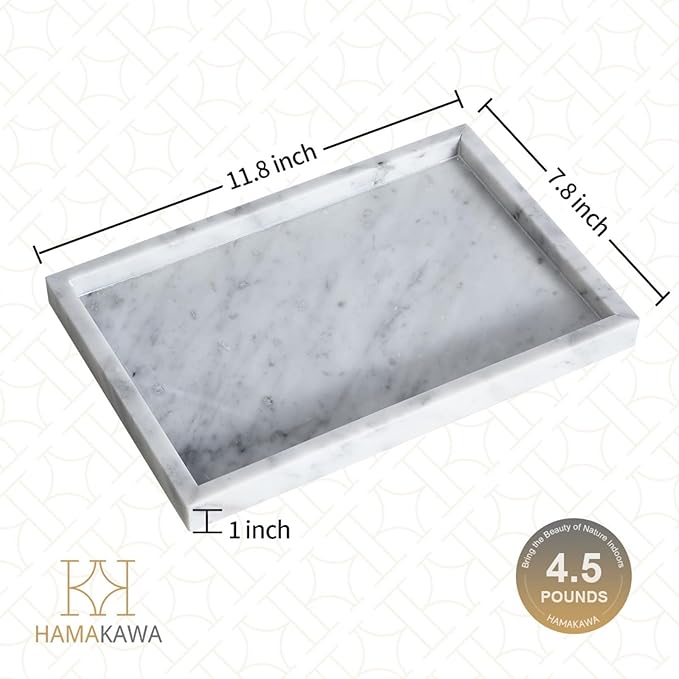 Large Bathroom Vanity Tray, Real Natural Marble Sink Tray 12 inch, Carrara White Stone Toilet Tank Trays, Modern Dresser Trays, Countertop Organizer for Kitchen Counter, Soap Dispenser
