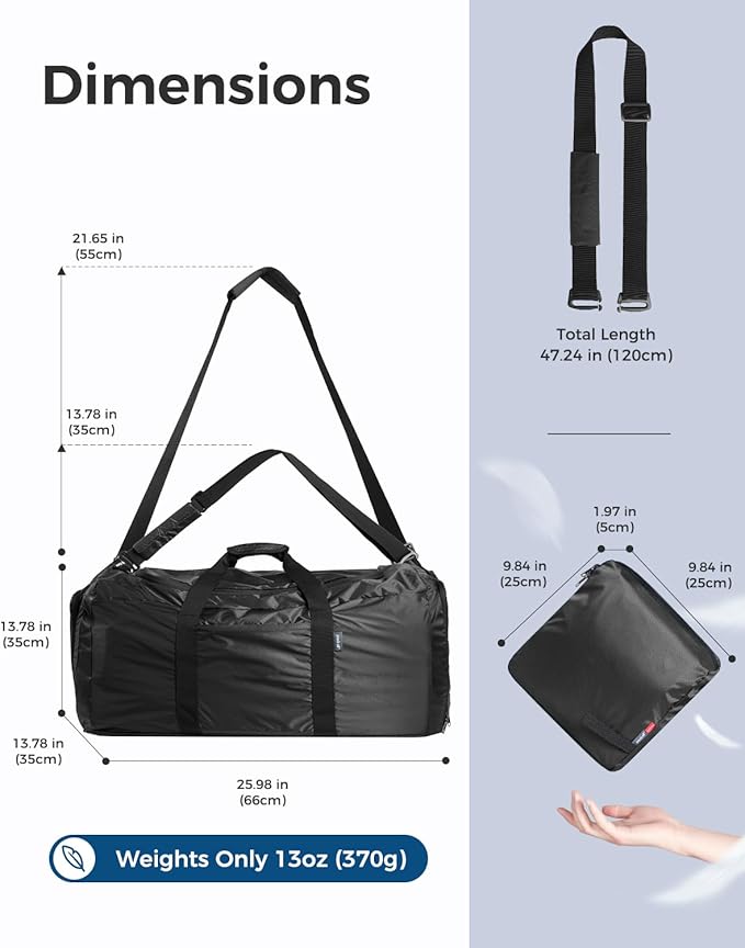 pack all 65L Foldable Travel Duffel Bag, Packable Weekender Bag with Shoe Compartment, Water-Resistant Gym Bag with Adjustable Strap for Overnight, Sports and Camping (Black)
