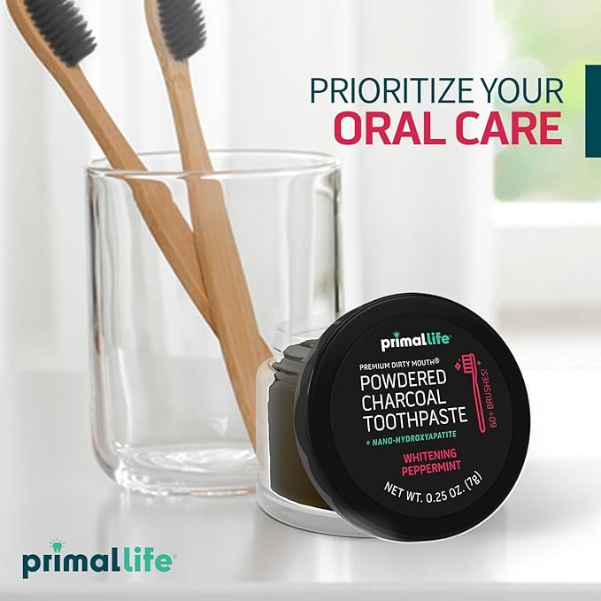 Primal Life Organics -Dirty Mouth Toothpowder, Activated Charcoal Tooth Cleaning Powder, Essential Oils, Hydroxyapatite, Kaolin, Bentonite Clay, 60+ Brushings, Organic, Vegan Black Peppermint 0.25oz