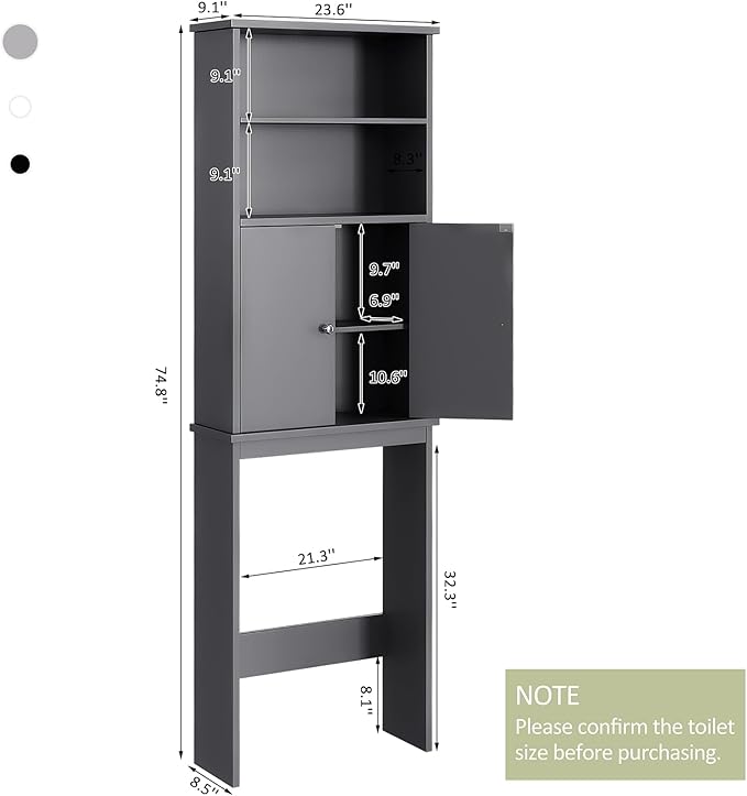 Meilocar Over The Toilet Storage Cabinet for Bathroom, 75in Over Toilet Cabinet Freestanding Storage Organizer, Space Saver with Doors and Adjustable Shelf, Grey