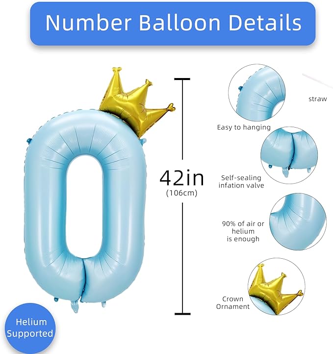 AULE 40 Inch Big Light Blue 0 Balloon Number with Crown Large Foil Helium Number Balloons 0-9 Jumbo Giant Happy Birthday Party Decorations Huge Mylar Anniversary Party Supplies