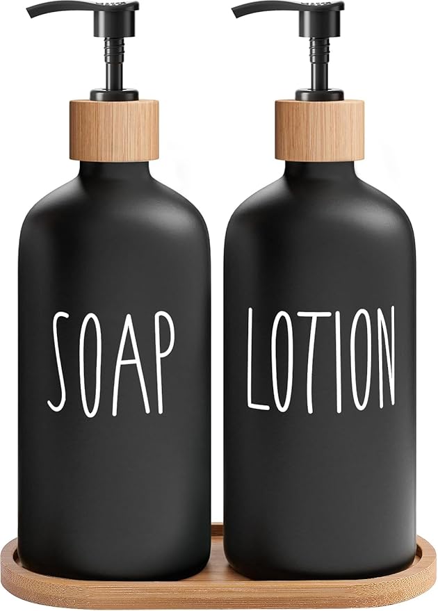 MOMEEMO Black Soap Dispenser Bathroom Set, Hand Soap and Lotion Set Suitable for Bathroom Decor. (Black)