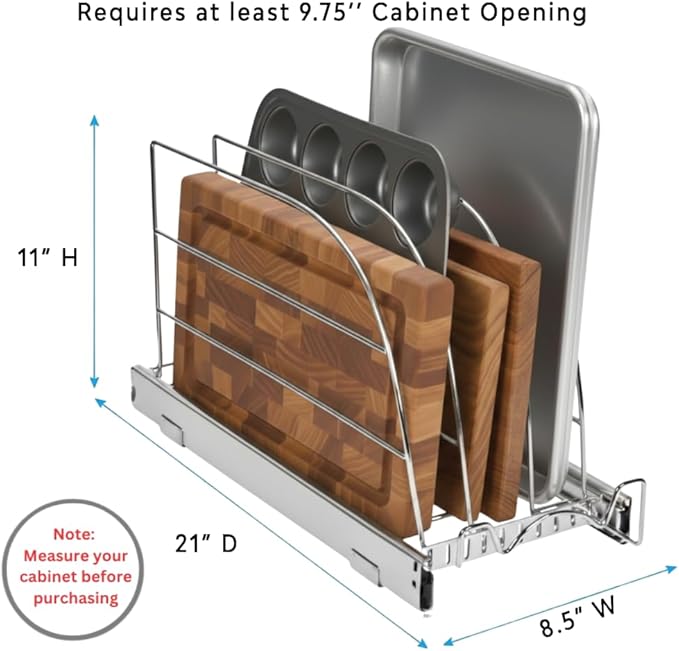 HOLDN’ STORAGE Pull Out Organizer for Bakeware, Cutting Board and Trays, Adjustable Dividers - Heavy Duty, Lifetime Limited Warranty - For Narrow Cabinet Spaces, 8.5”W x 21”D x 11”H, Chrome