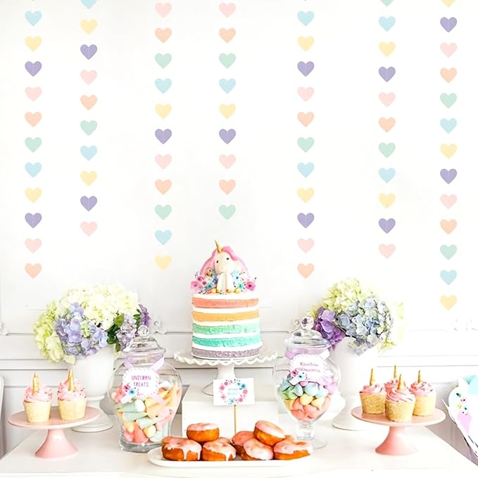 Pastel Rainbow Birthday Party-Decorations Streamers - 52FT Yellow Blue Mint Pink Purple Hanging Heart Garland Banner,Valentines Baby Bridal Shower Bachelorette Engagement Backdrop Decor Hugtmr