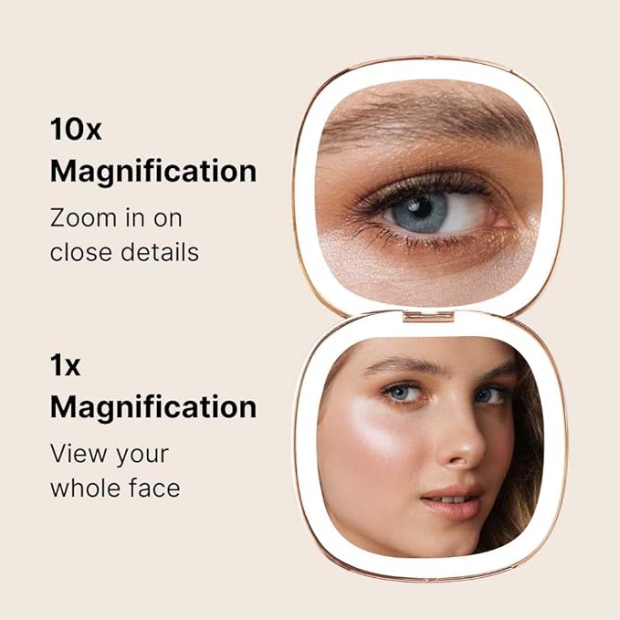 Fancii Mila 2 Compact Magnifying Makeup Mirror with LED Light, Rechargeable, 10x /1x Magnification, Tru-Glow Lighting System, Vegan Leather, Small Travel Mirror for Purses (Midnight Majesty)