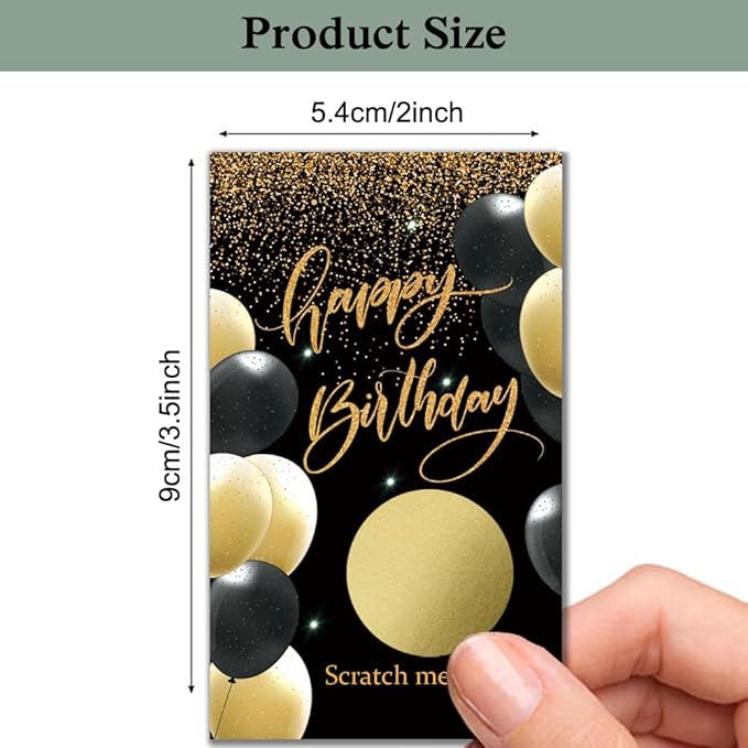Haizct 50 Pack Happy Birthday Theme Scratch Off Card, Black Gold Balloon Scratch Card for 18th 40th 50th Birthday Tickets, Happy 50th 60th Party Supplies, Raffle Ticket Lottery Game for Group Activity