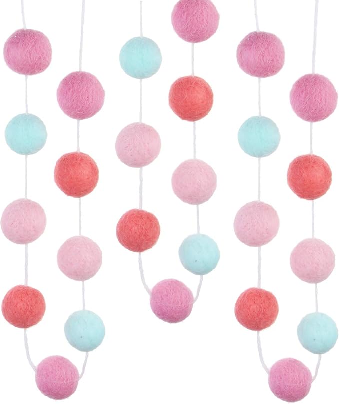 CCINEE 9.8 Feet Felt Ball Garland Pink Pom Poms Balls Strings (24Pieces Bulk) Handmade 4 Colors Mixed 1.2" for Birthday Banner Festival Spring Party Favor