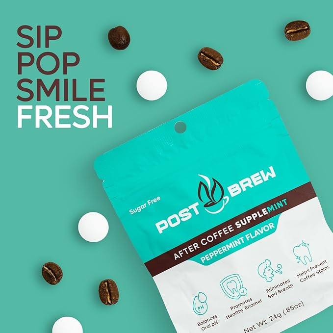 PostBrew Mints Xylitol After Coffee SuppleMINT– Sugar-Free, Aspartame-Free Mint, Neutralize pH & Odor, Support Oral Health & Freshen Breath (4 pack, 30 Count Each)