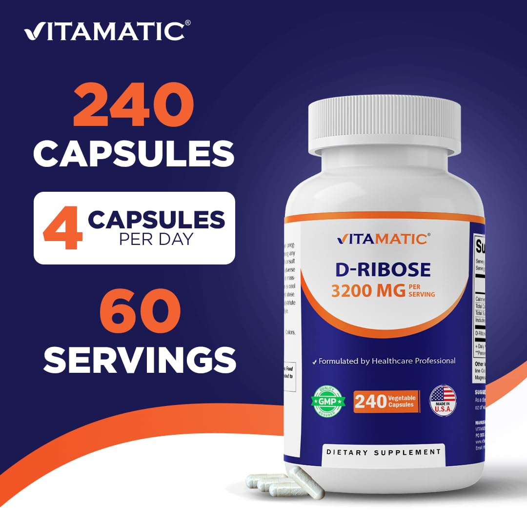 Vitamatic D-Ribose 3200 mg per Serving – Energy Support Supplement – 240 Vegetarian Capsules – Non-GMO & Gluten Free, Made in USA